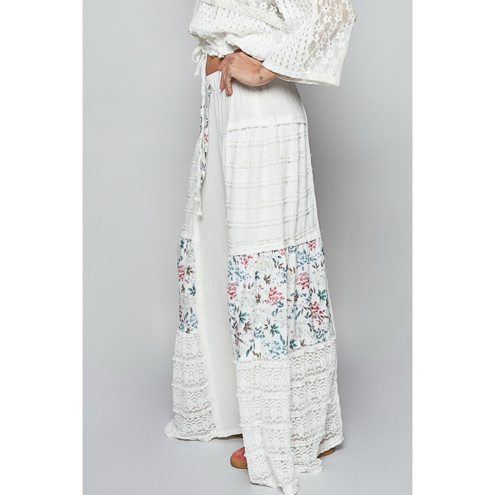 POL Ivory Patchwork Wide Leg Pants | Lace Floral Elastic Waist Pull On - Picture 2 of 7